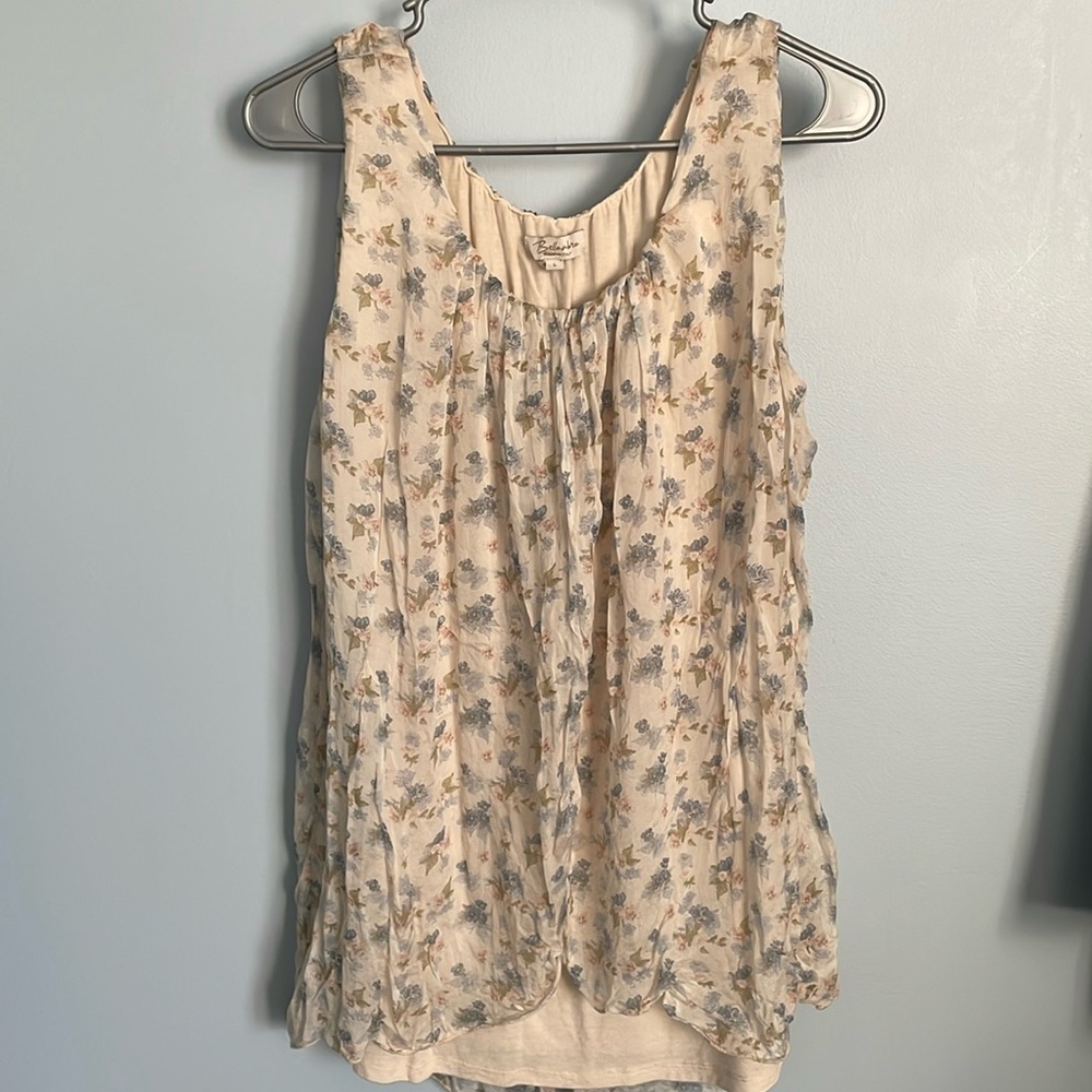 Bellambia floral silk tank crème colored dusty blue and mauve florals delicate